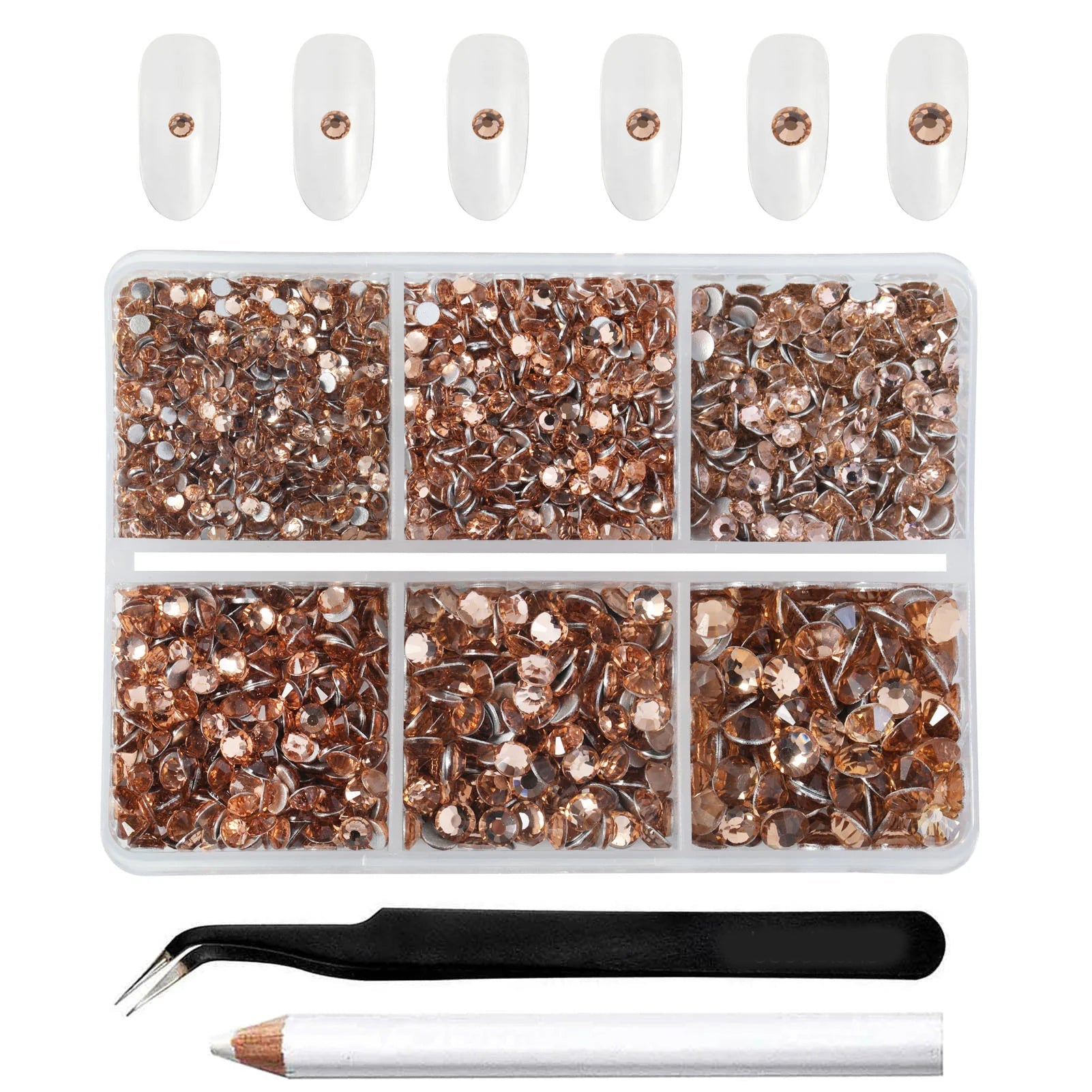 4300pcs Flatback Rhinestones, Nail Gems Round Crystal Rhinestones for Crafts,Mixed 6 Sizes with Picking Tweezers and Wax Pencil Kit- Light Peach