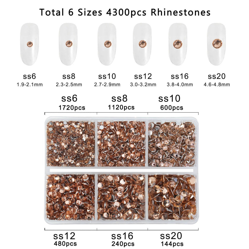 4300pcs Flatback Rhinestones, Nail Gems Round Crystal Rhinestones for Crafts,Mixed 6 Sizes with Picking Tweezers and Wax Pencil Kit- Light Peach