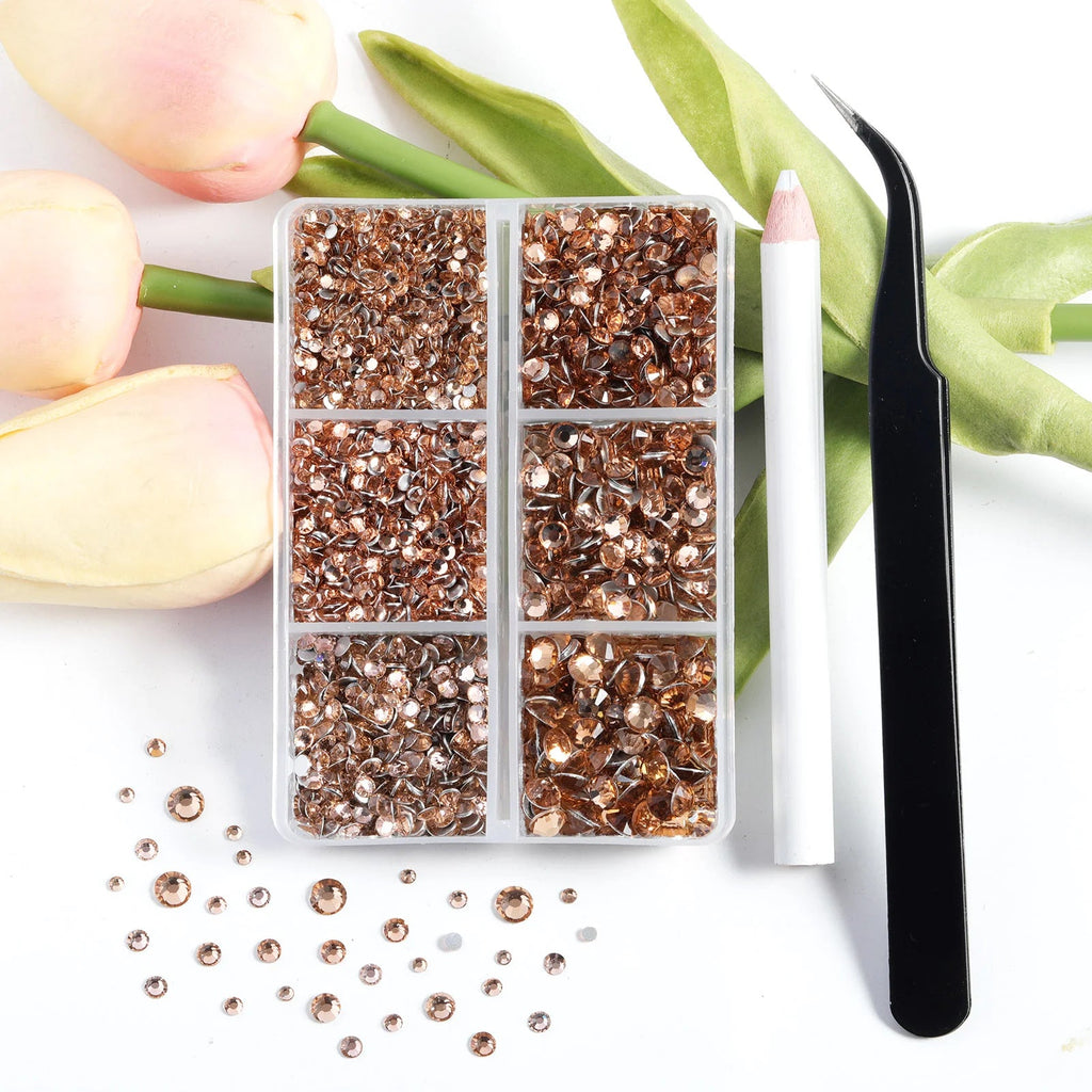 4300pcs Flatback Rhinestones, Nail Gems Round Crystal Rhinestones for Crafts,Mixed 6 Sizes with Picking Tweezers and Wax Pencil Kit- Light Peach