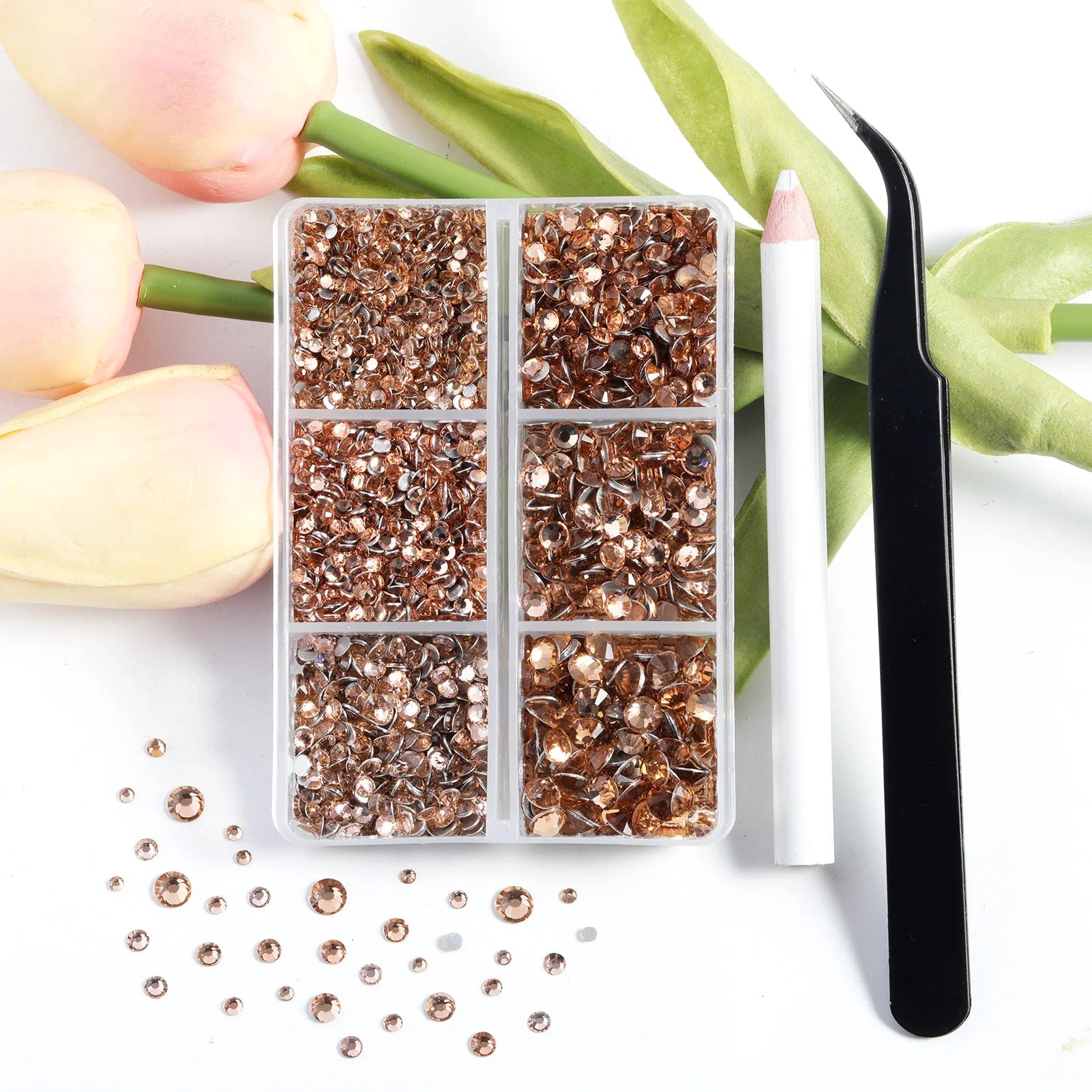 4300pcs Flatback Rhinestones, Nail Gems Round Crystal Rhinestones for Crafts,Mixed 6 Sizes with Picking Tweezers and Wax Pencil Kit- Light Peach