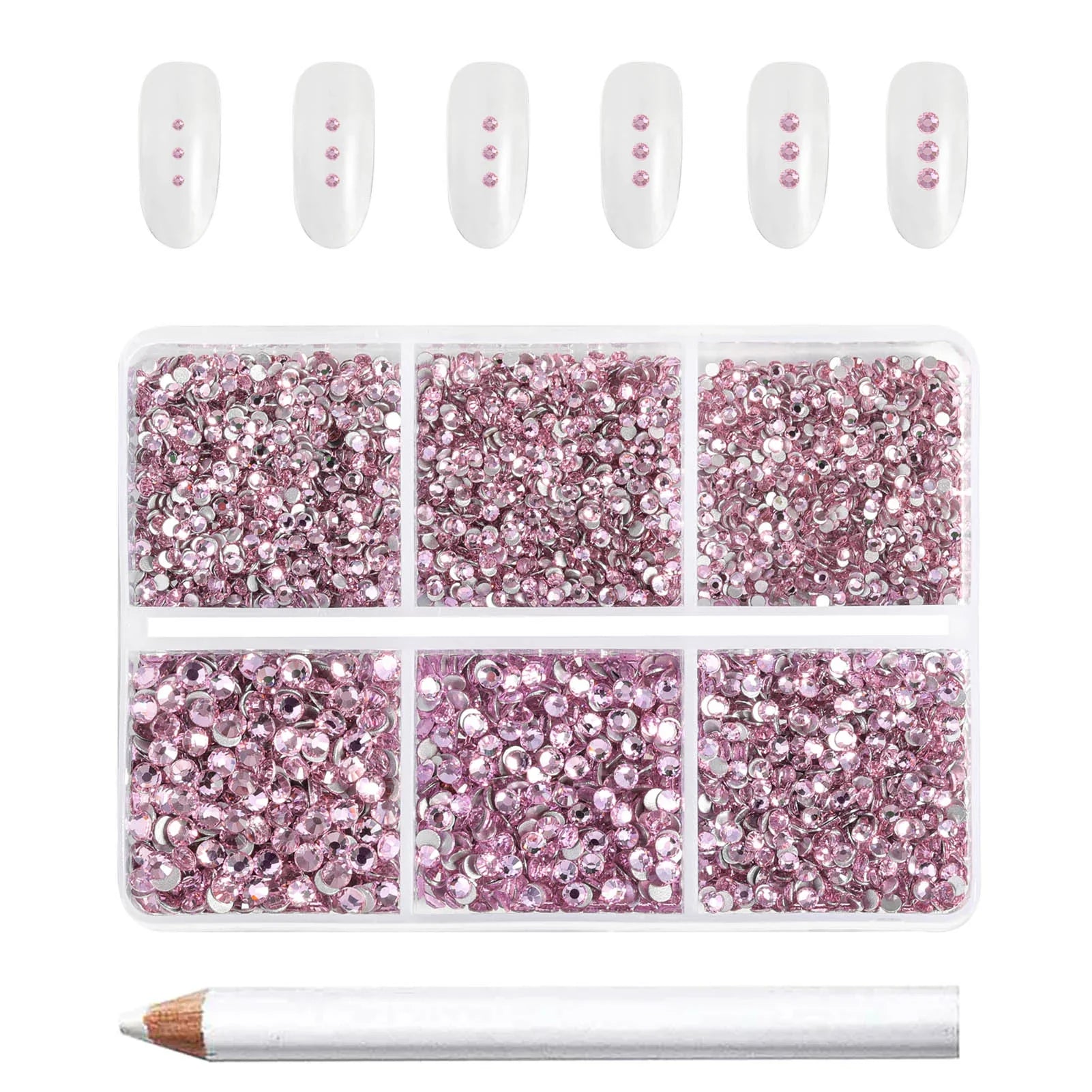 7200pcs Flatback Rhinestones,Nail Gems Round Crystal Rhinestones for Crafts,Mixed 6 Sizes with Wax Pencil Kit, SS3-SS10- Light Pink