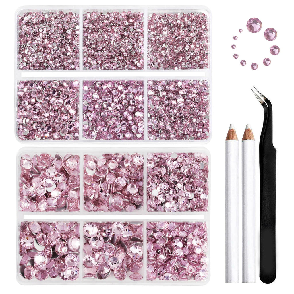 8300PCS Flatback Rhinestones, Nail Gems Round Crystal Rhinestones for Crafts, Mixed 10 Sizes with Wax Pencil and Tweezer Kit, SS3-SS30-Light Pink