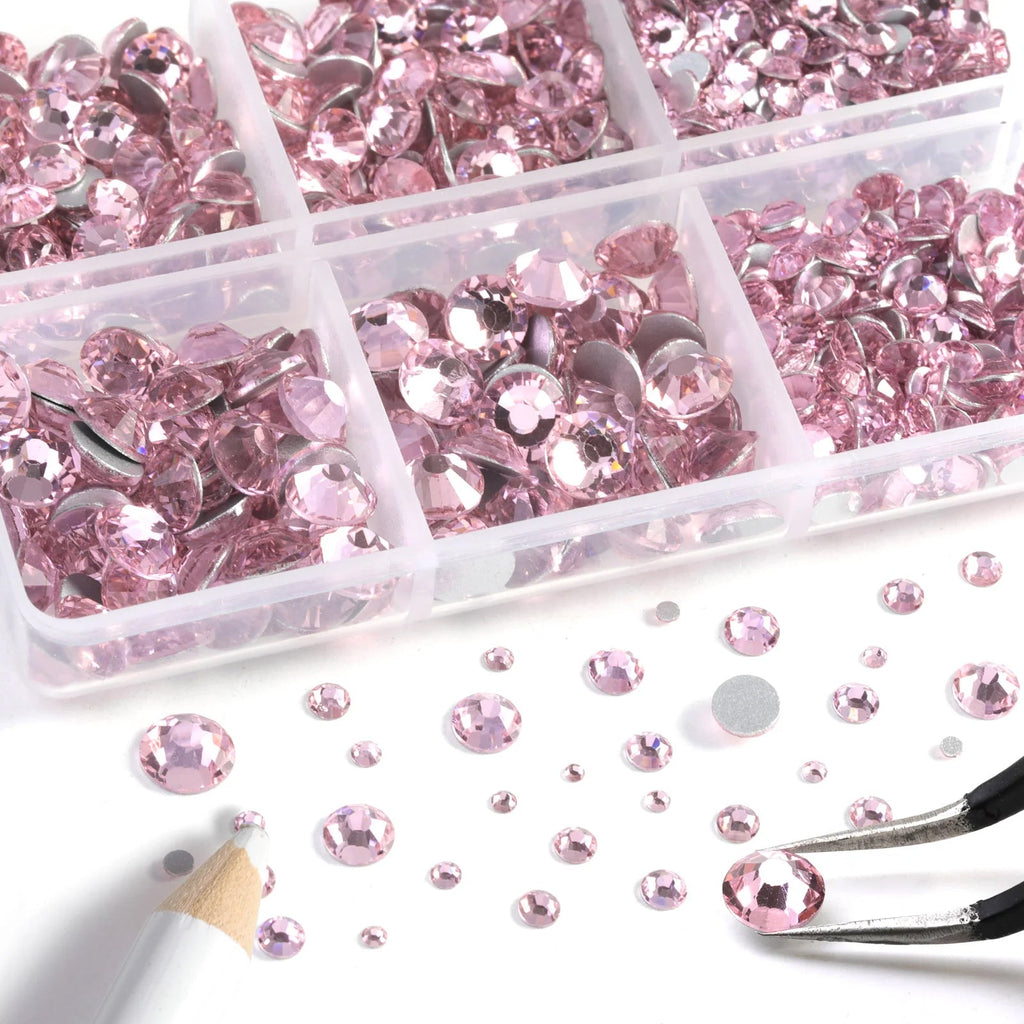 8300PCS Flatback Rhinestones, Nail Gems Round Crystal Rhinestones for Crafts, Mixed 10 Sizes with Wax Pencil and Tweezer Kit, SS3-SS30-Light Pink