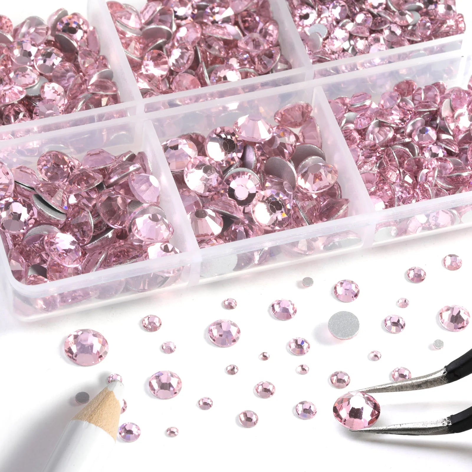 8300PCS Flatback Rhinestones, Nail Gems Round Crystal Rhinestones for Crafts, Mixed 10 Sizes with Wax Pencil and Tweezer Kit, SS3-SS30-Light Pink