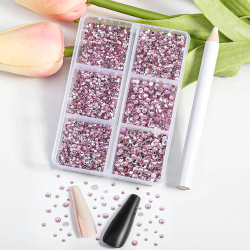 7200pcs Flatback Rhinestones,Nail Gems Round Crystal Rhinestones for Crafts,Mixed 6 Sizes with Wax Pencil Kit, SS3-SS10- Light Pink
