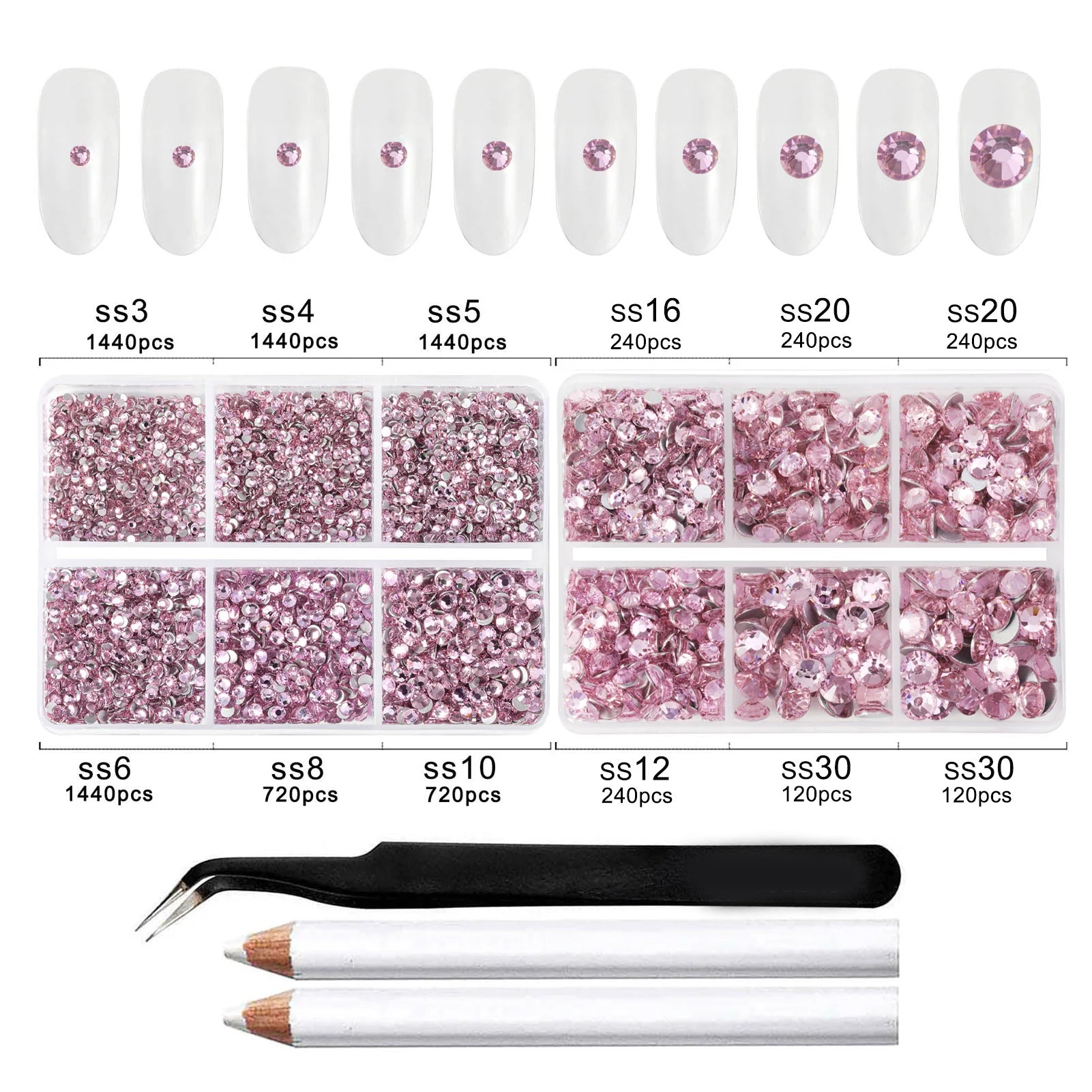 8300PCS Flatback Rhinestones, Nail Gems Round Crystal Rhinestones for Crafts, Mixed 10 Sizes with Wax Pencil and Tweezer Kit, SS3-SS30-Light Pink