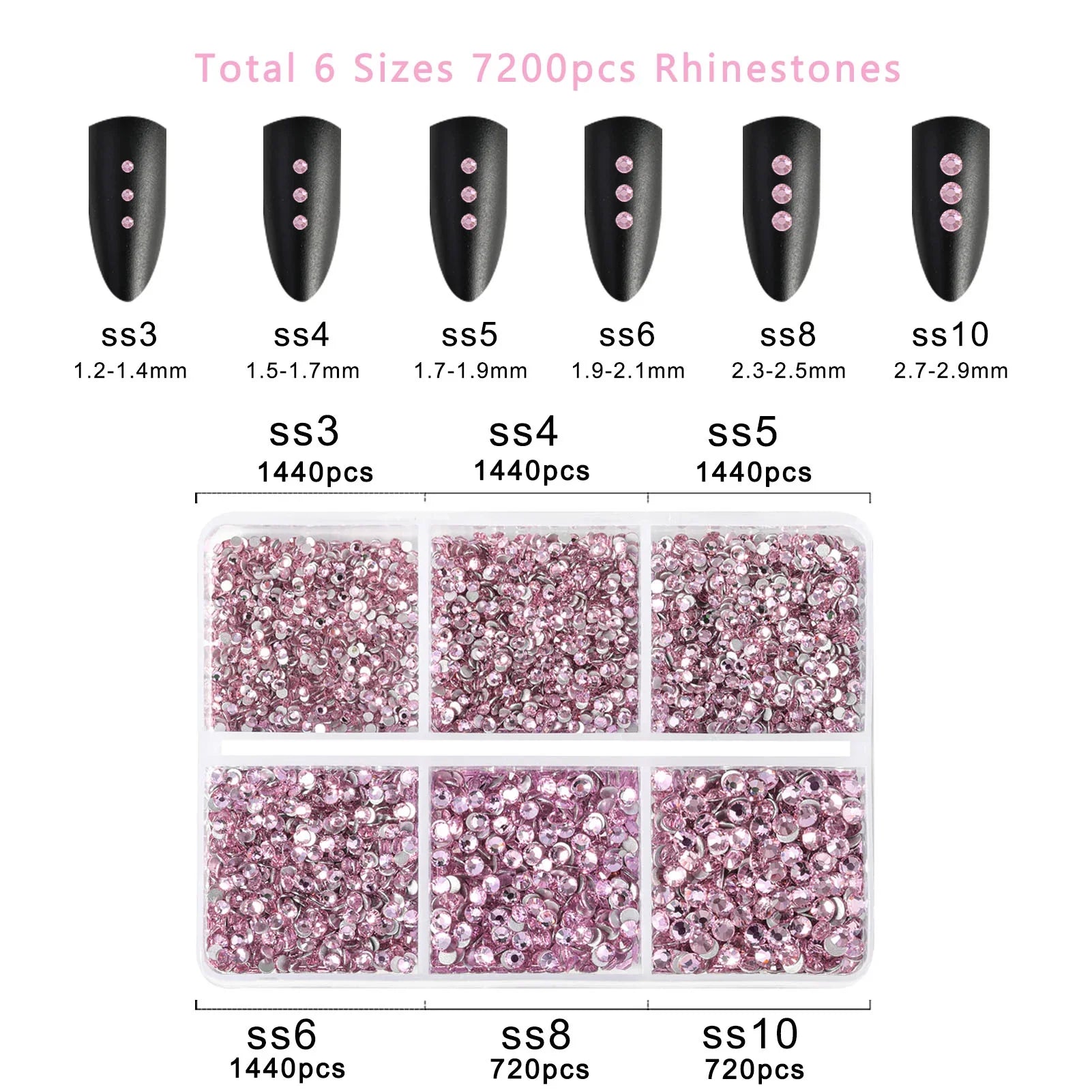 7200pcs Flatback Rhinestones,Nail Gems Round Crystal Rhinestones for Crafts,Mixed 6 Sizes with Wax Pencil Kit, SS3-SS10- Light Pink