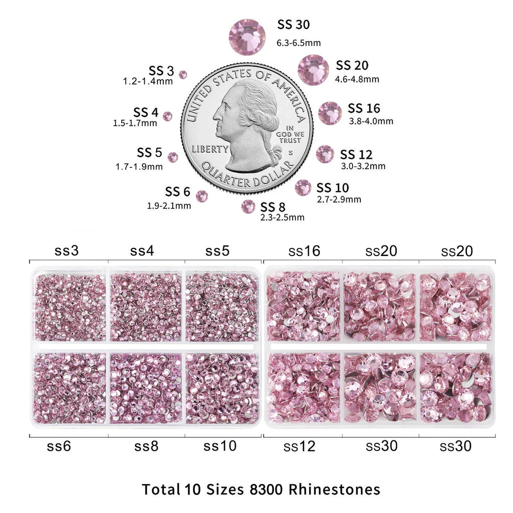 8300PCS Flatback Rhinestones, Nail Gems Round Crystal Rhinestones for Crafts, Mixed 10 Sizes with Wax Pencil and Tweezer Kit, SS3-SS30-Light Pink