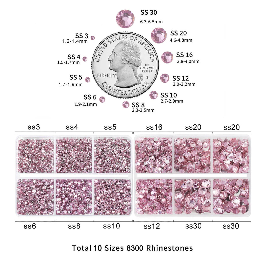 8300PCS Flatback Rhinestones, Nail Gems Round Crystal Rhinestones for Crafts, Mixed 10 Sizes with Wax Pencil and Tweezer Kit, SS3-SS30-Light Pink