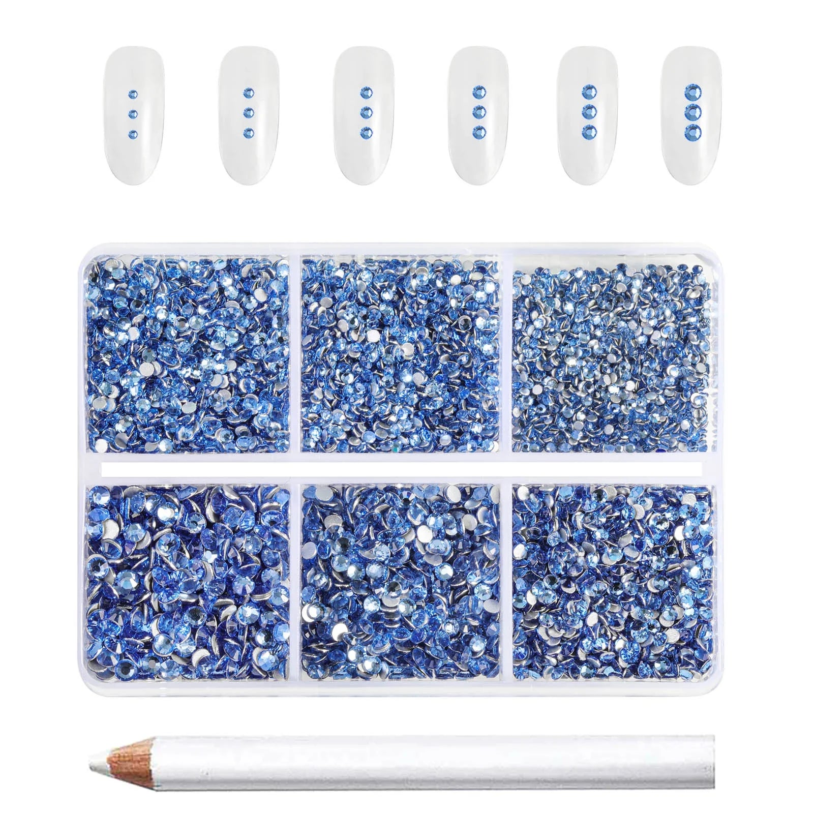 7200pcs Flatback Rhinestones,Nail Gems Round Crystal Rhinestones for Crafts,Mixed 6 Sizes with Wax Pencil Kit, SS3-SS10- Light Sapphire