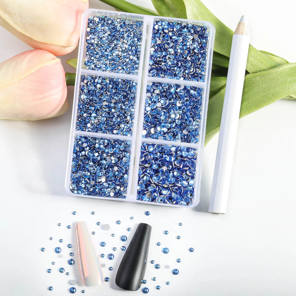 7200pcs Flatback Rhinestones,Nail Gems Round Crystal Rhinestones for Crafts,Mixed 6 Sizes with Wax Pencil Kit, SS3-SS10- Light Sapphire