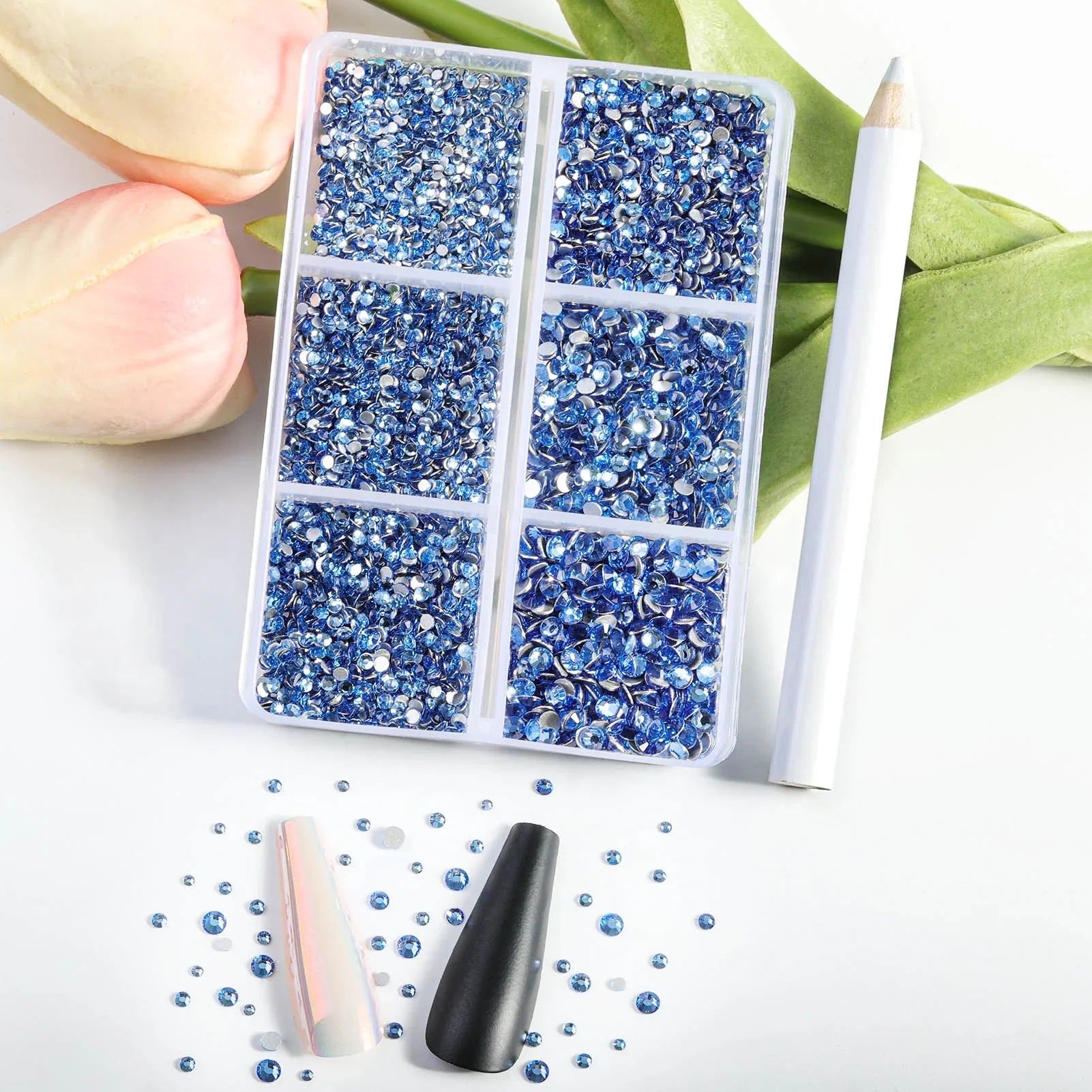 7200pcs Flatback Rhinestones,Nail Gems Round Crystal Rhinestones for Crafts,Mixed 6 Sizes with Wax Pencil Kit, SS3-SS10- Light Sapphire
