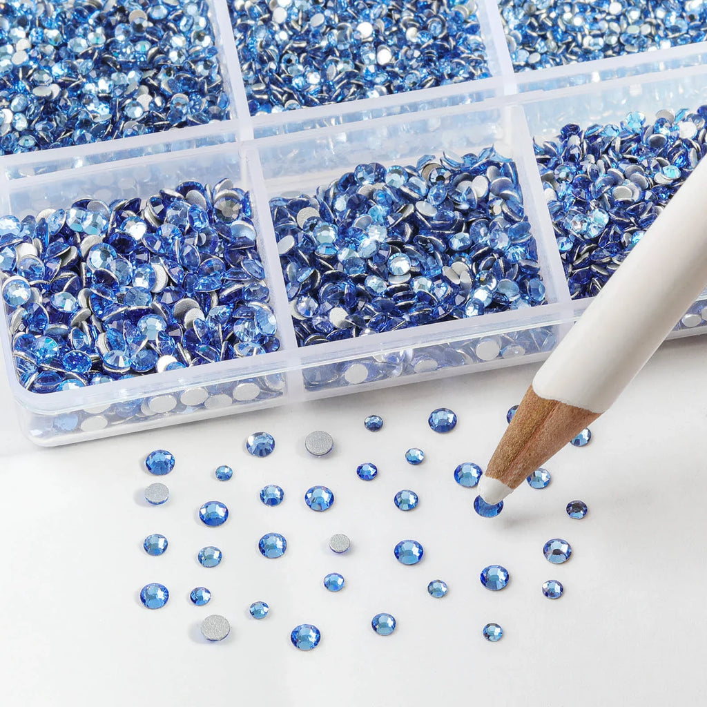 7200pcs Flatback Rhinestones,Nail Gems Round Crystal Rhinestones for Crafts,Mixed 6 Sizes with Wax Pencil Kit, SS3-SS10- Light Sapphire