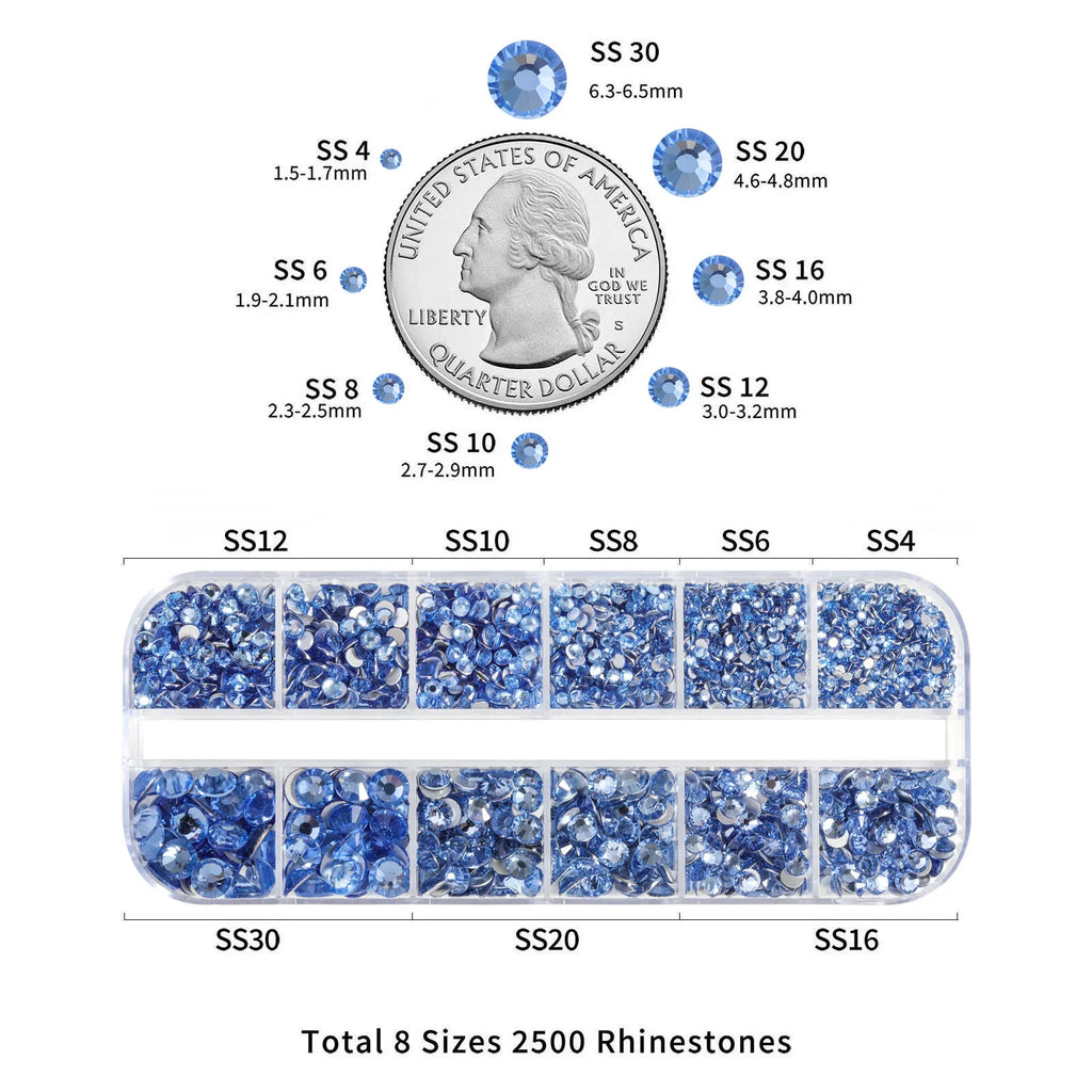 Rhinestones for Makeup,8 sizes 2500pcs Flatback Rhinestones Face Gems for Nails Crafts with Tweezers and Wax Pencil- Light Sapphire