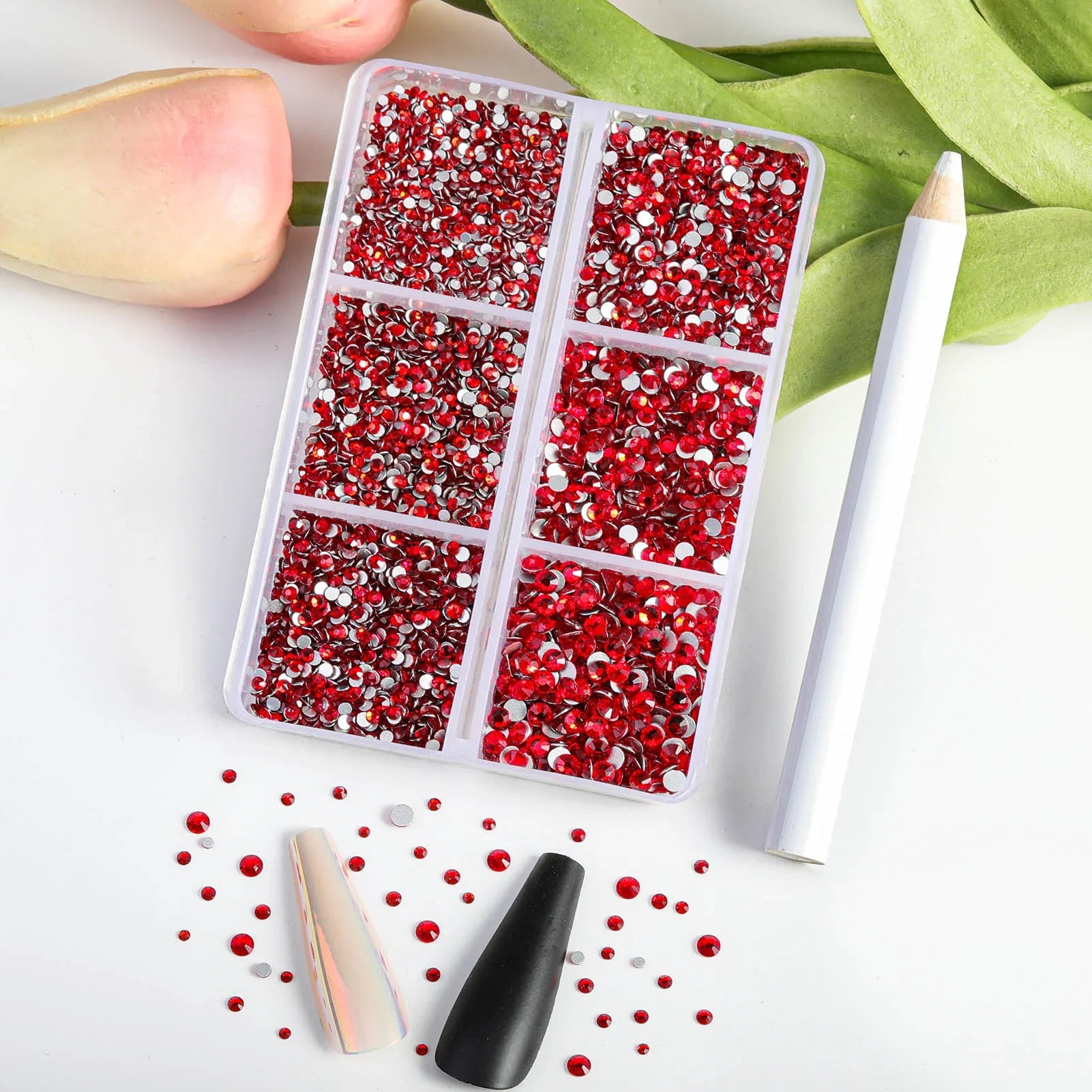 7200pcs Flatback Rhinestones,Nail Gems Round Crystal Rhinestones for Crafts,Mixed 6 Sizes with Wax Pencil Kit, SS3-SS10- Light Siam