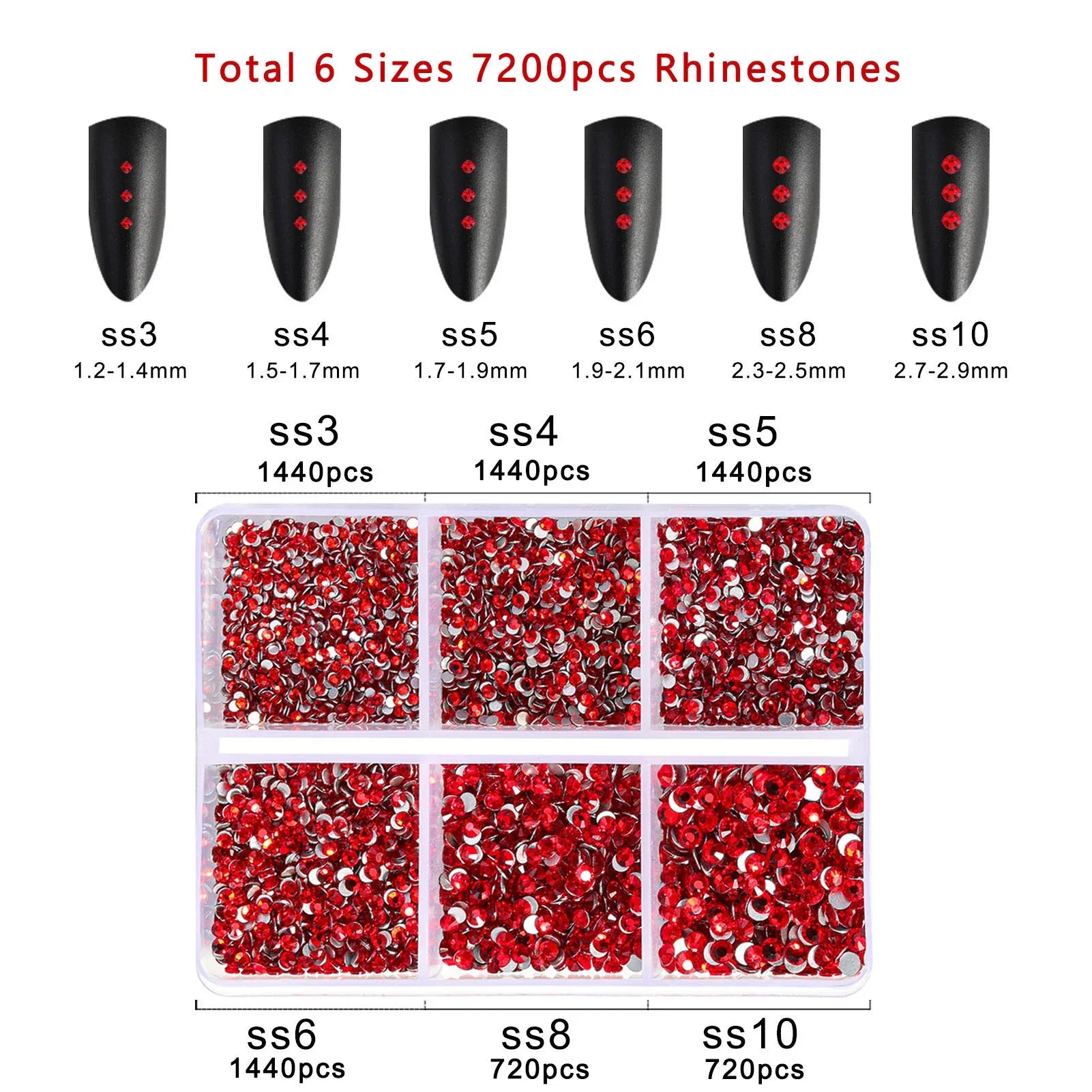 7200pcs Flatback Rhinestones,Nail Gems Round Crystal Rhinestones for Crafts,Mixed 6 Sizes with Wax Pencil Kit, SS3-SS10- Light Siam