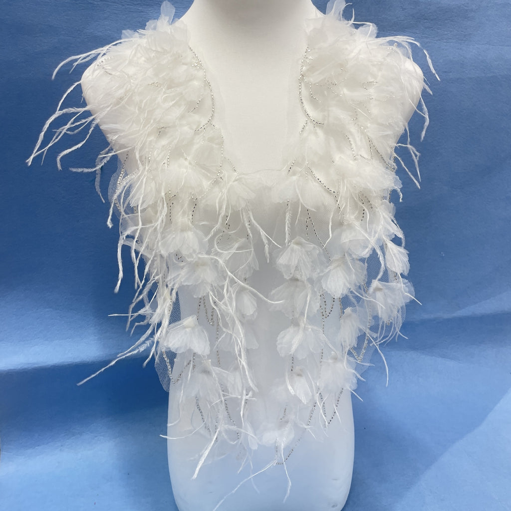 Ultra-Embellished Ostrich Feather & Beaded 3D Floral Sleeve Appliqué – Ethereal DIY Trim for Evening Gowns, Stage Costumes & Bridal Fashion Accessories