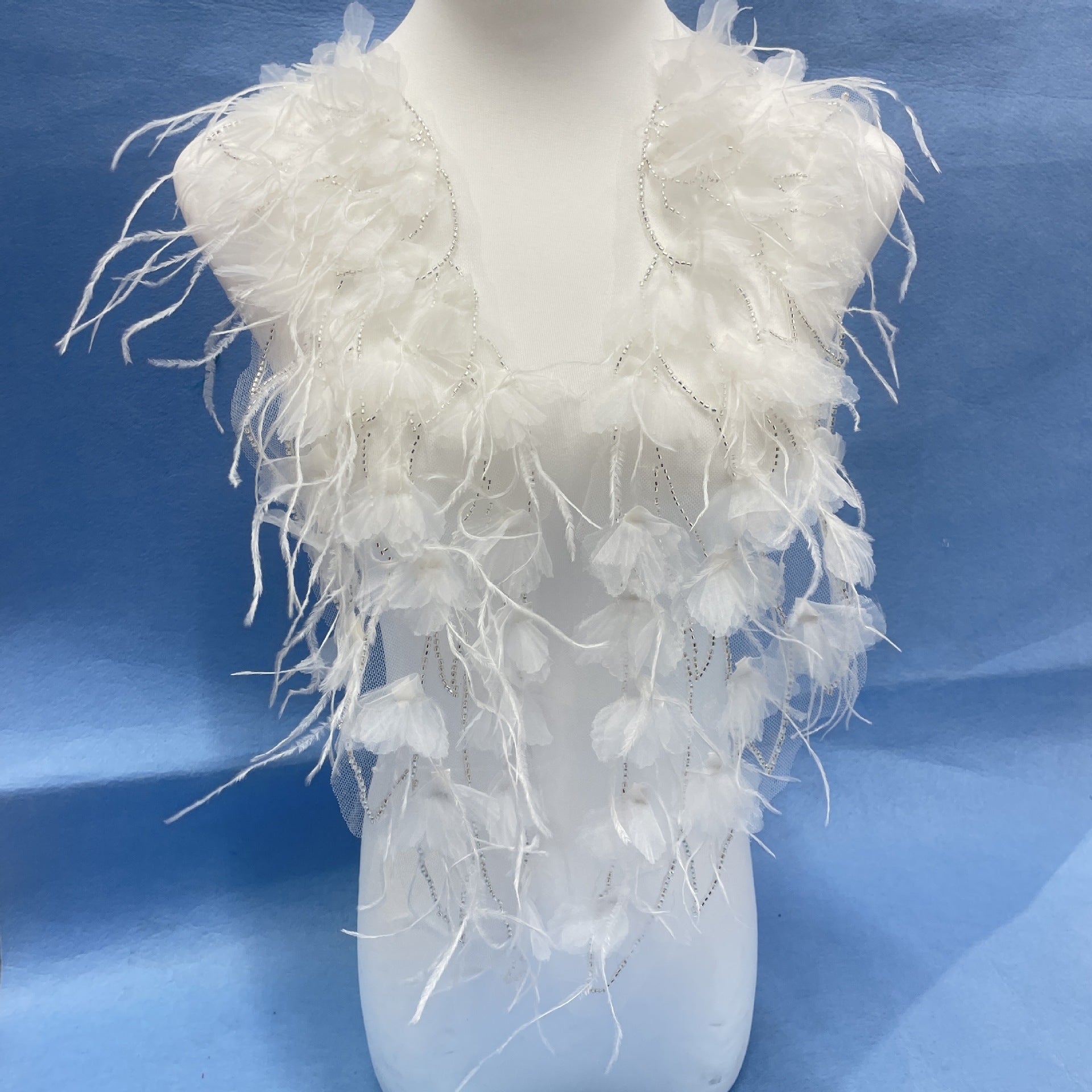Ultra-Embellished Ostrich Feather & Beaded 3D Floral Sleeve Appliqué – Ethereal DIY Trim for Evening Gowns, Stage Costumes & Bridal Fashion Accessories