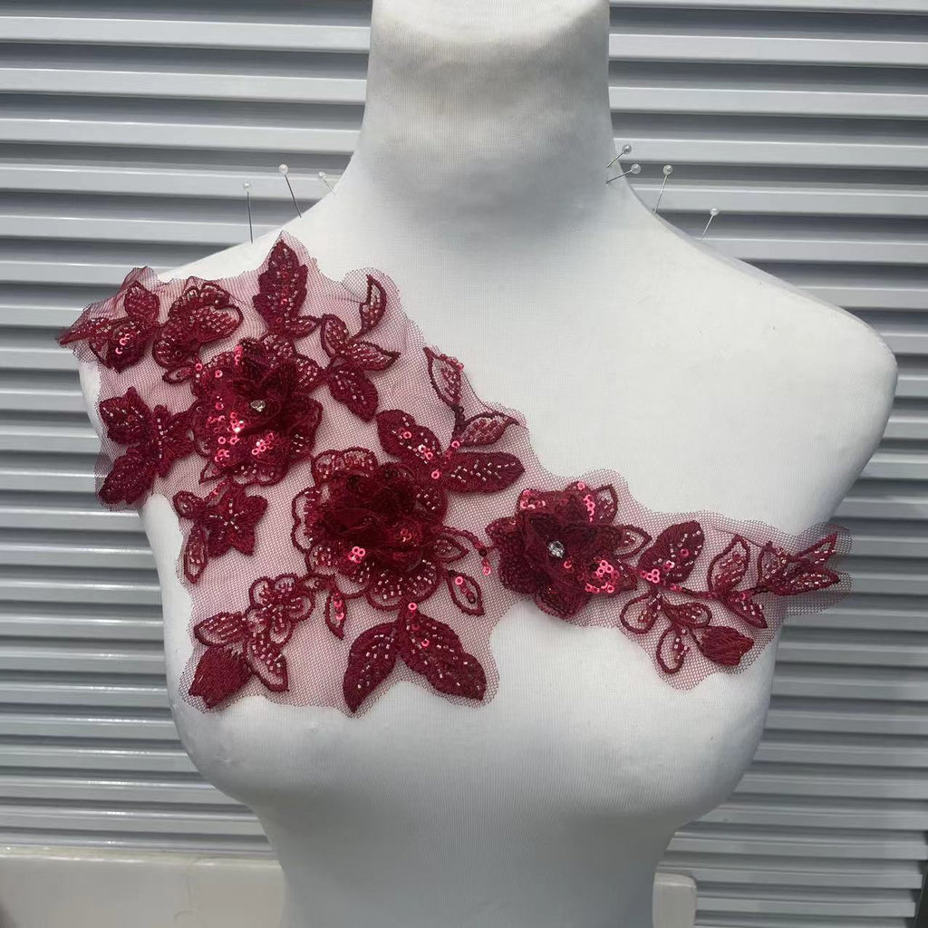 Shimmering Lace Floral Appliqué with Crystal Beads, Metallic Cord & Tulle – Matching Pair Embroidered Trim for Collar, Bridal Gowns & DIY Wedding Dress Embellishment