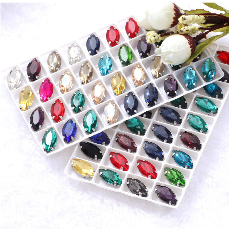 White Gold Plated Marquise Pointed-Back Rhinestones with Holes for Sewing