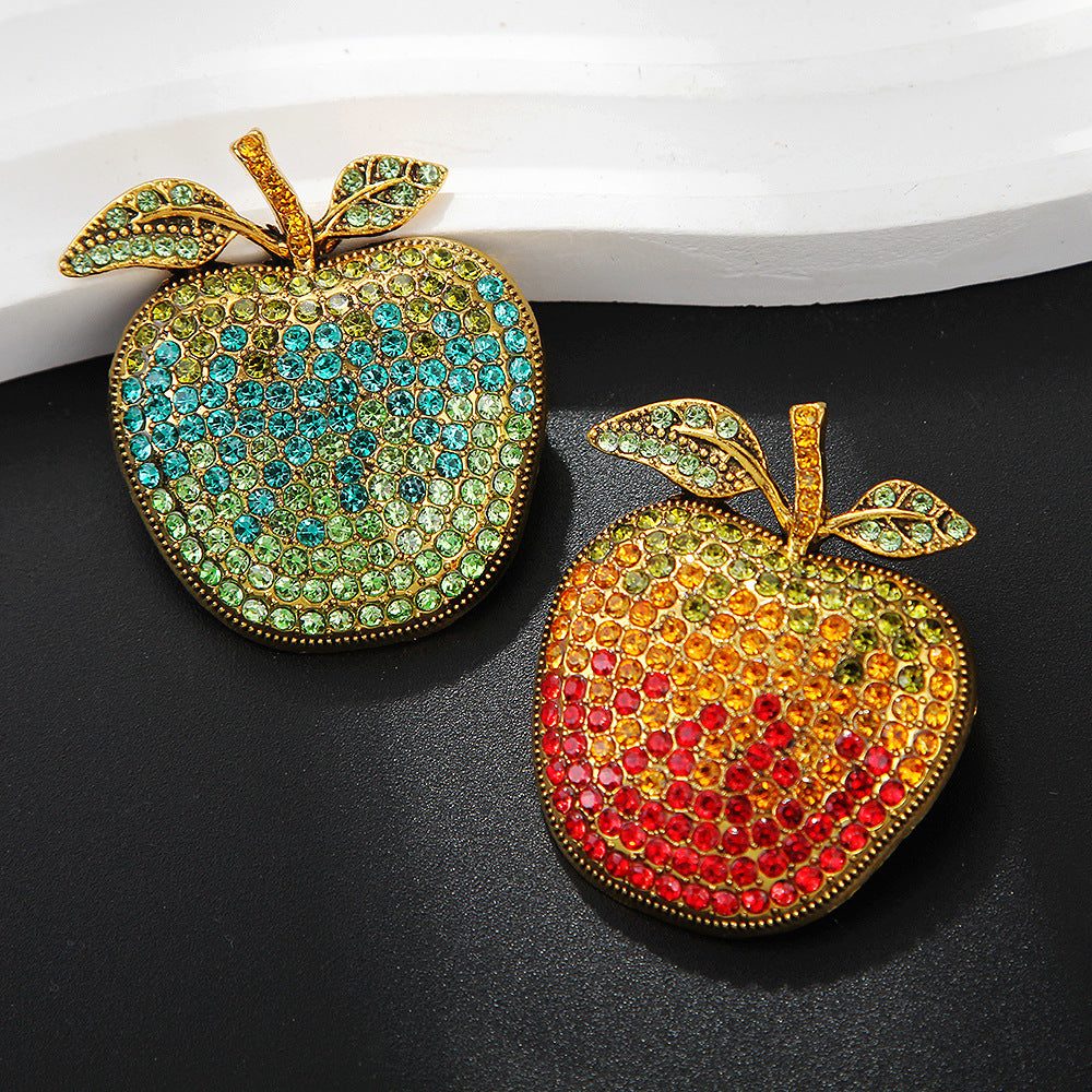Eco-friendly Full Diamond Gradient Christmas Eve Apple Brooch Design Fruit Pin Fashion Coat Flower Accessory