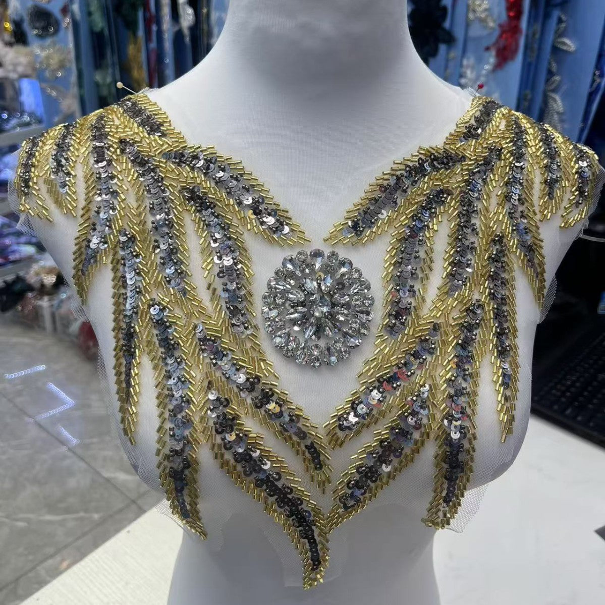 Multicolor Hand-Beading Lace Trim with Crystal Glass Rhinestones & Seed Beads – Embellished DIY Appliqué for Wedding Dresses, Evening Gowns, Qipao & Bridal Fashion Sewing Projects