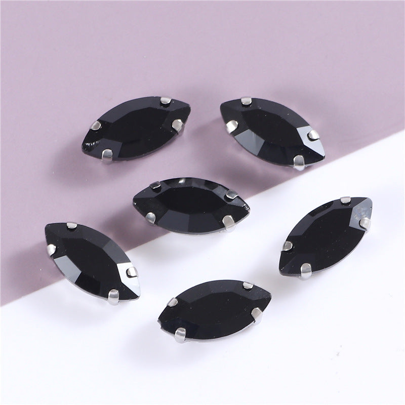White Gold Plated Marquise Pointed-Back Rhinestones with Holes for Sewing