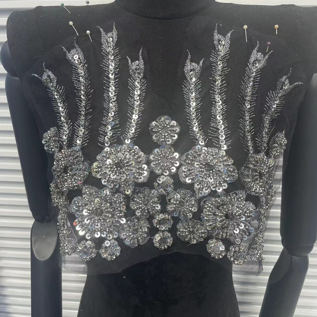 Handcrafted Beaded Rhinestone Sequin Applique Patch - White & Gold Round Neck Tulle Collar DIY Clothing Decor