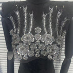 Handcrafted Beaded Rhinestone Sequin Applique Patch - White & Gold Round Neck Tulle Collar DIY Clothing Decor