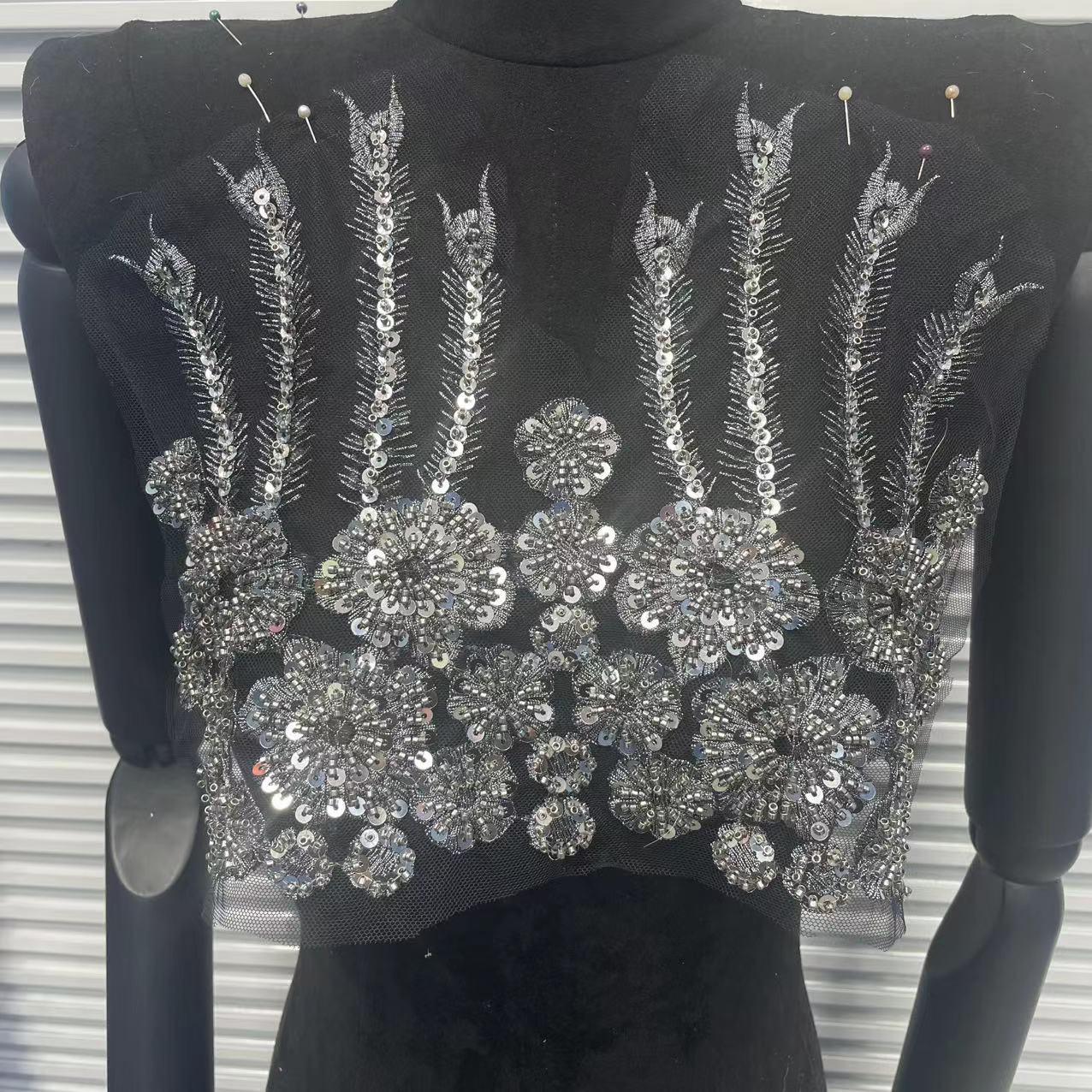 Handcrafted Beaded Rhinestone Sequin Applique Patch - White & Gold Round Neck Tulle Collar DIY Clothing Decor