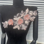 Shimmering Lace Floral Appliqué with Crystal Beads, Metallic Cord & Tulle – Matching Pair Embroidered Trim for Collar, Bridal Gowns & DIY Wedding Dress Embellishment