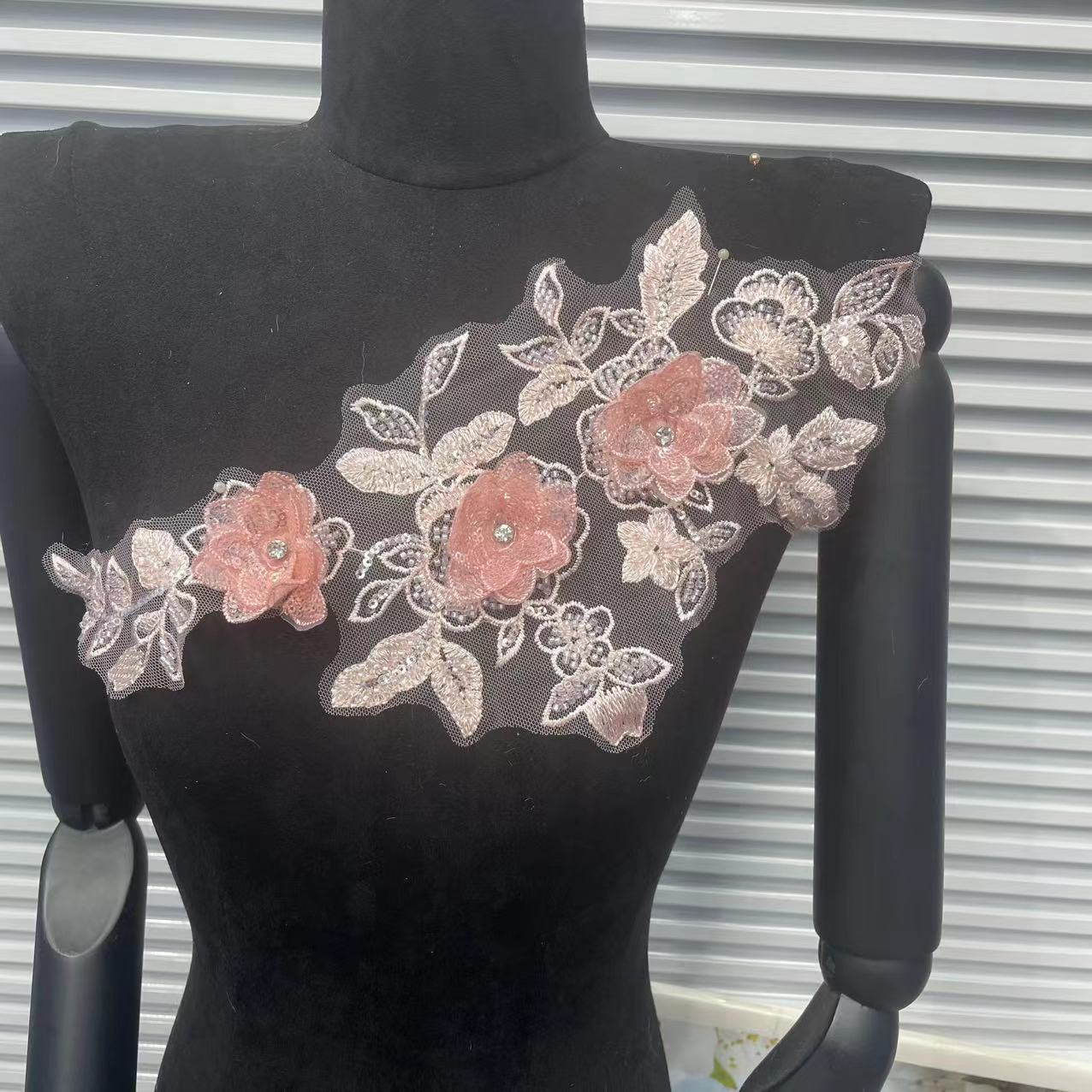 Shimmering Lace Floral Appliqué with Crystal Beads, Metallic Cord & Tulle – Matching Pair Embroidered Trim for Collar, Bridal Gowns & DIY Wedding Dress Embellishment