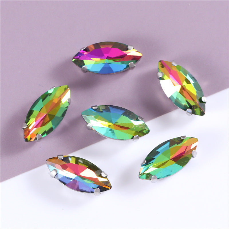 White Gold Plated Marquise Pointed-Back Rhinestones with Holes for Sewing