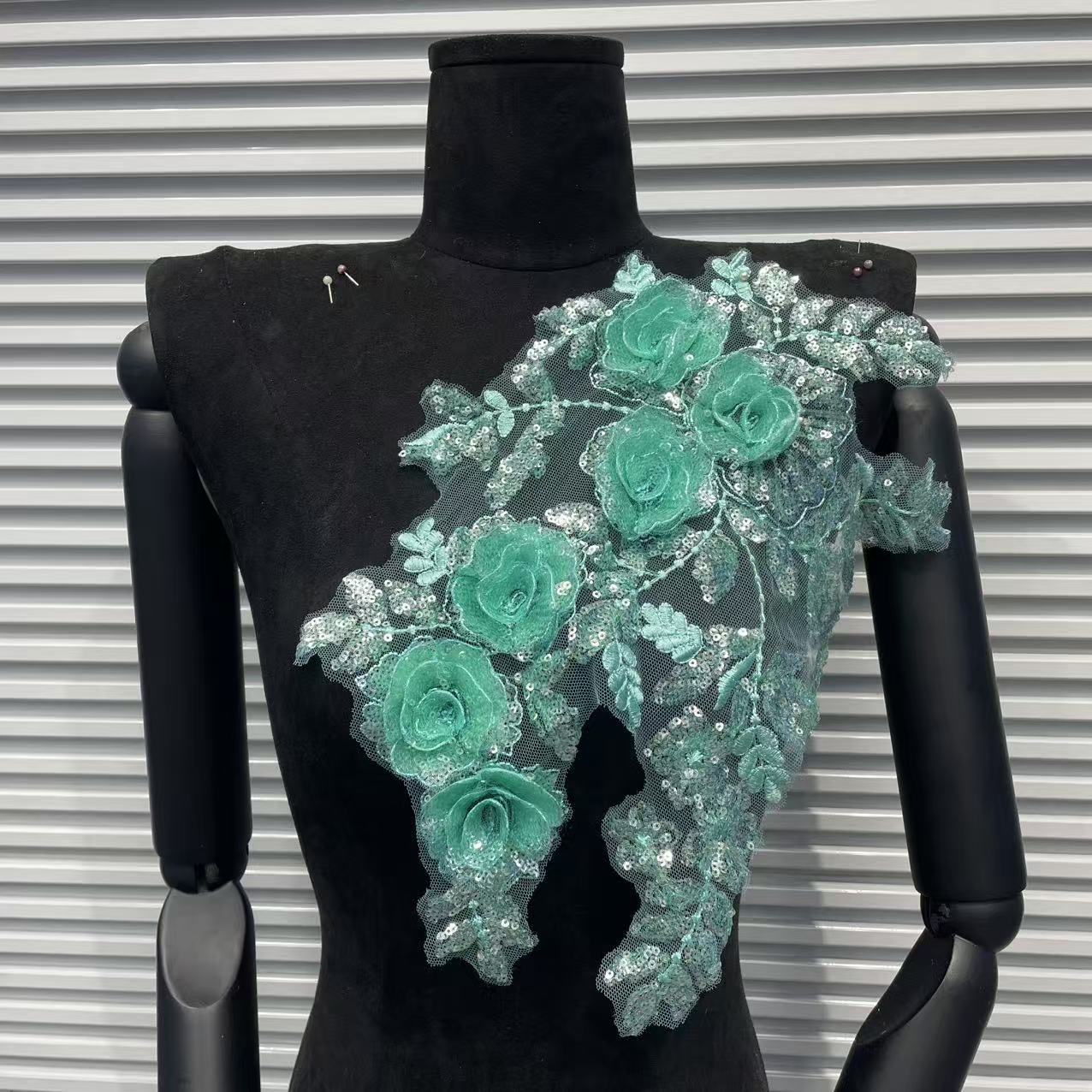 Beaded Lace Embroidered Appliqué Trim – Full-Coverage Sequin & Multi-Color Crystal Flower Motif, Matching Pair Design for Wedding Dresses, Evening Gowns & Bridal DIY Sewing Projects
