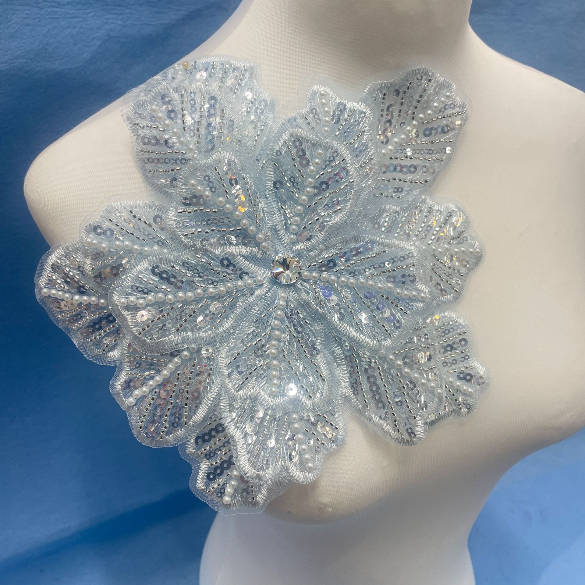 Large Floral Lace Appliqué Trim with Sequins & Beading – Embellished DIY Sew-On Embroidered Flower for Wedding Dresses, Evening Gowns & Bridal Fashion Accessories