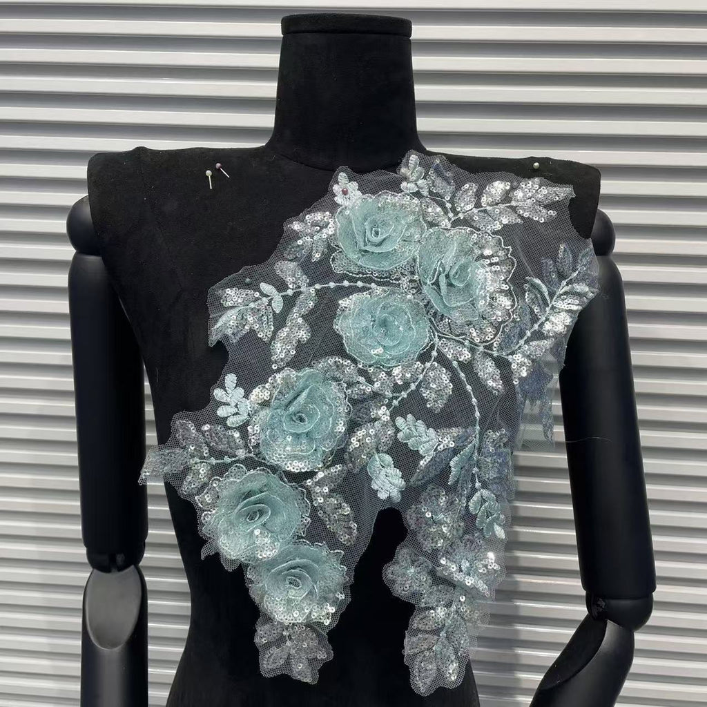 Beaded Lace Embroidered Appliqué Trim – Full-Coverage Sequin & Multi-Color Crystal Flower Motif, Matching Pair Design for Wedding Dresses, Evening Gowns & Bridal DIY Sewing Projects