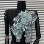 Beaded Lace Embroidered Appliqué Trim – Full-Coverage Sequin & Multi-Color Crystal Flower Motif, Matching Pair Design for Wedding Dresses, Evening Gowns & Bridal DIY Sewing Projects