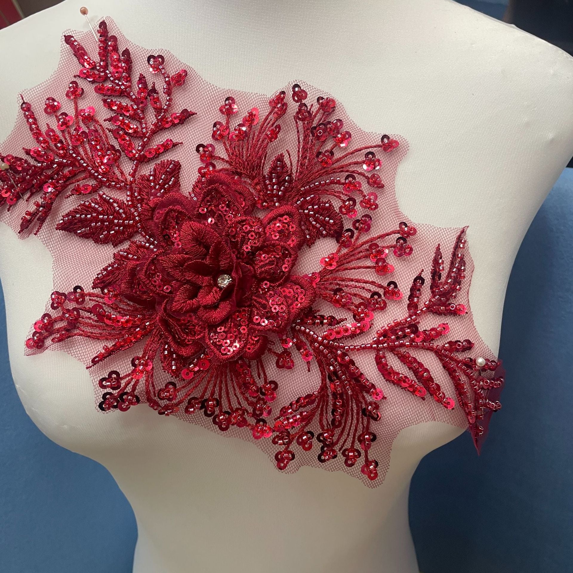 Premium Lace Floral Appliqué with Hand-Sewn Beads & Sequins – Embellished Wedding Dress Trim for Bridal Gowns, DIY Sewing Embroidery Patch, Delicate Lace Edging for Formal Wear & Craft Projects