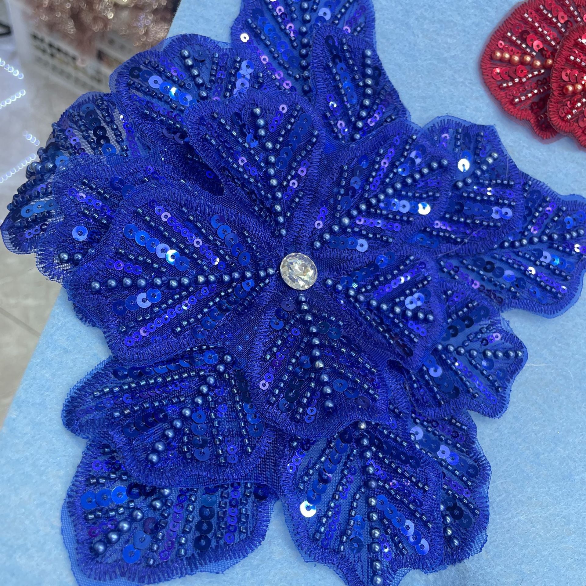 Large Floral Lace Appliqué Trim with Sequins & Beading – Embellished DIY Sew-On Embroidered Flower for Wedding Dresses, Evening Gowns & Bridal Fashion Accessories