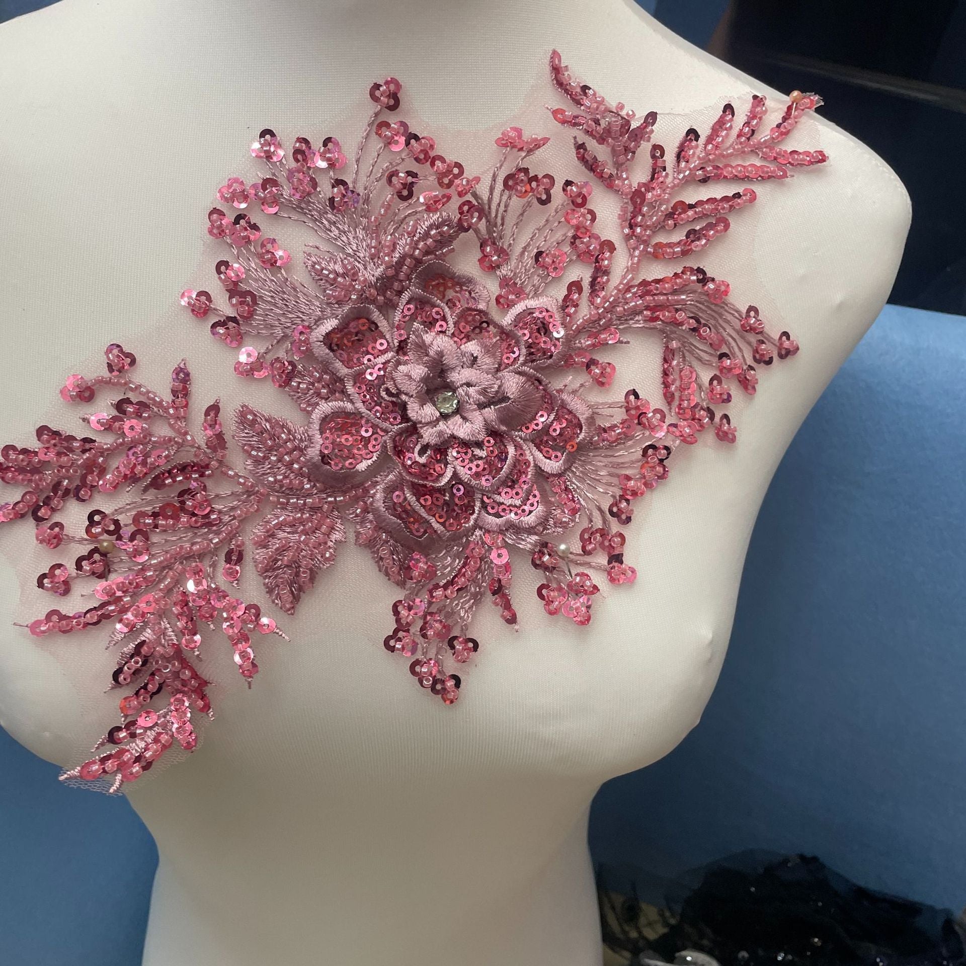 Premium Lace Floral Appliqué with Hand-Sewn Beads & Sequins – Embellished Wedding Dress Trim for Bridal Gowns, DIY Sewing Embroidery Patch, Delicate Lace Edging for Formal Wear & Craft Projects