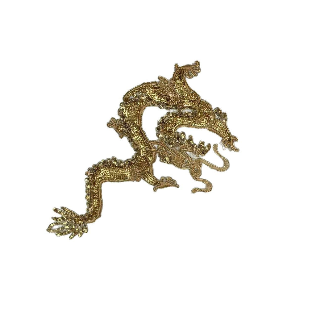 Gold Dragon & Phoenix Sequin Embroidered Iron-On Patches – Shimmering Appliqué for Qipao, Wedding Dress & DIY Craft, Traditional Chinese Textile Embellishment for Sewing & Fashion Design