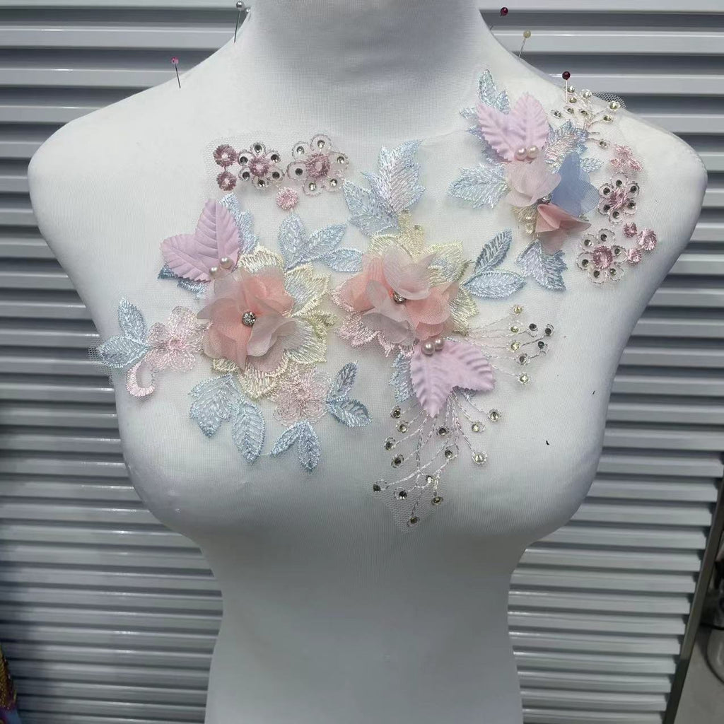 3D Embroidered Floral Appliqué with Beading & Hot-Fix Rhinestones – Sparkling Sew-On Flower Trim for Performance Costumes, Hanfu, Bridal Gowns, Kids' Dresses & DIY Fashion Embellishment