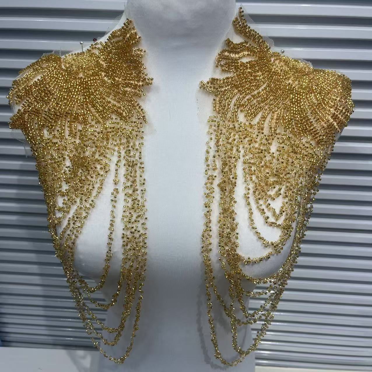 Vintage Heavy Embroidered Shoulder Appliqué with Fringe, 3D Crystal & Beaded Pendant – Luxe Bridal Dress Trim for Wedding Gowns, Prom & Formal Wear, Ready-to-Sew Applique Patch