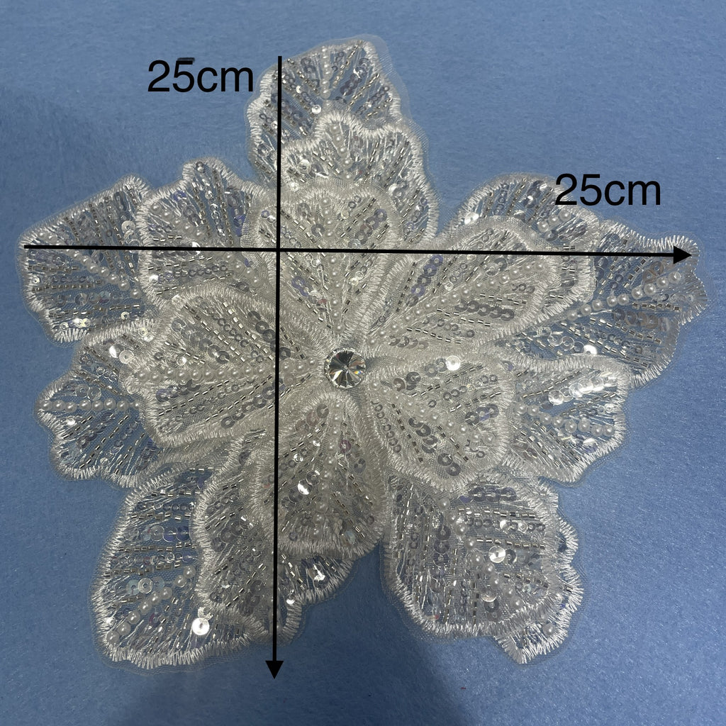 Large Floral Lace Appliqué Trim with Sequins & Beading – Embellished DIY Sew-On Embroidered Flower for Wedding Dresses, Evening Gowns & Bridal Fashion Accessories