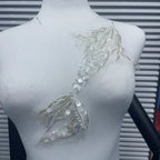 Koi Fish Inspired Heavy Embellishment Trim – Lustrous White Shell Pearls, Tiny Seed Beads & Silver Thread Appliqué for Bridal Gowns, Evening Wear & Luxury DIY Fashion Accessories