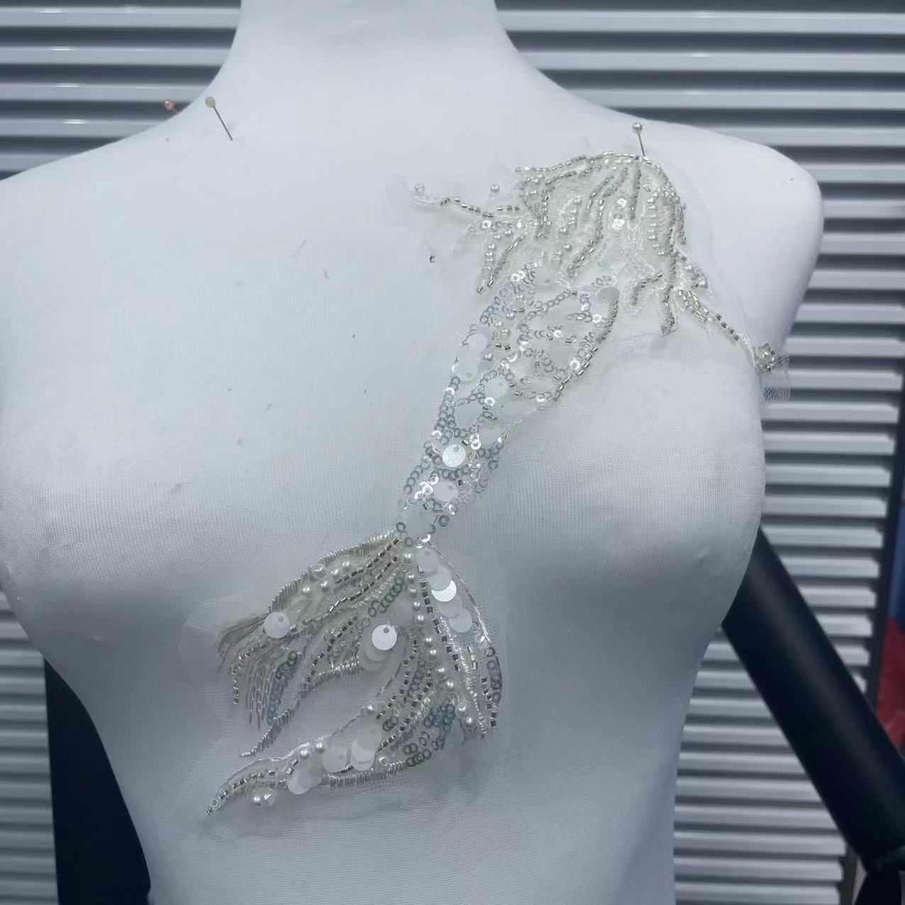 Koi Fish Inspired Heavy Embellishment Trim – Lustrous White Shell Pearls, Tiny Seed Beads & Silver Thread Appliqué for Bridal Gowns, Evening Wear & Luxury DIY Fashion Accessories