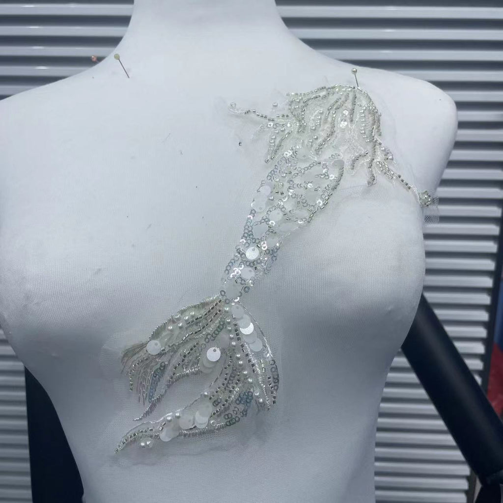 Koi Fish Inspired Heavy Embellishment Trim – Lustrous White Shell Pearls, Tiny Seed Beads & Silver Thread Appliqué for Bridal Gowns, Evening Wear & Luxury DIY Fashion Accessories