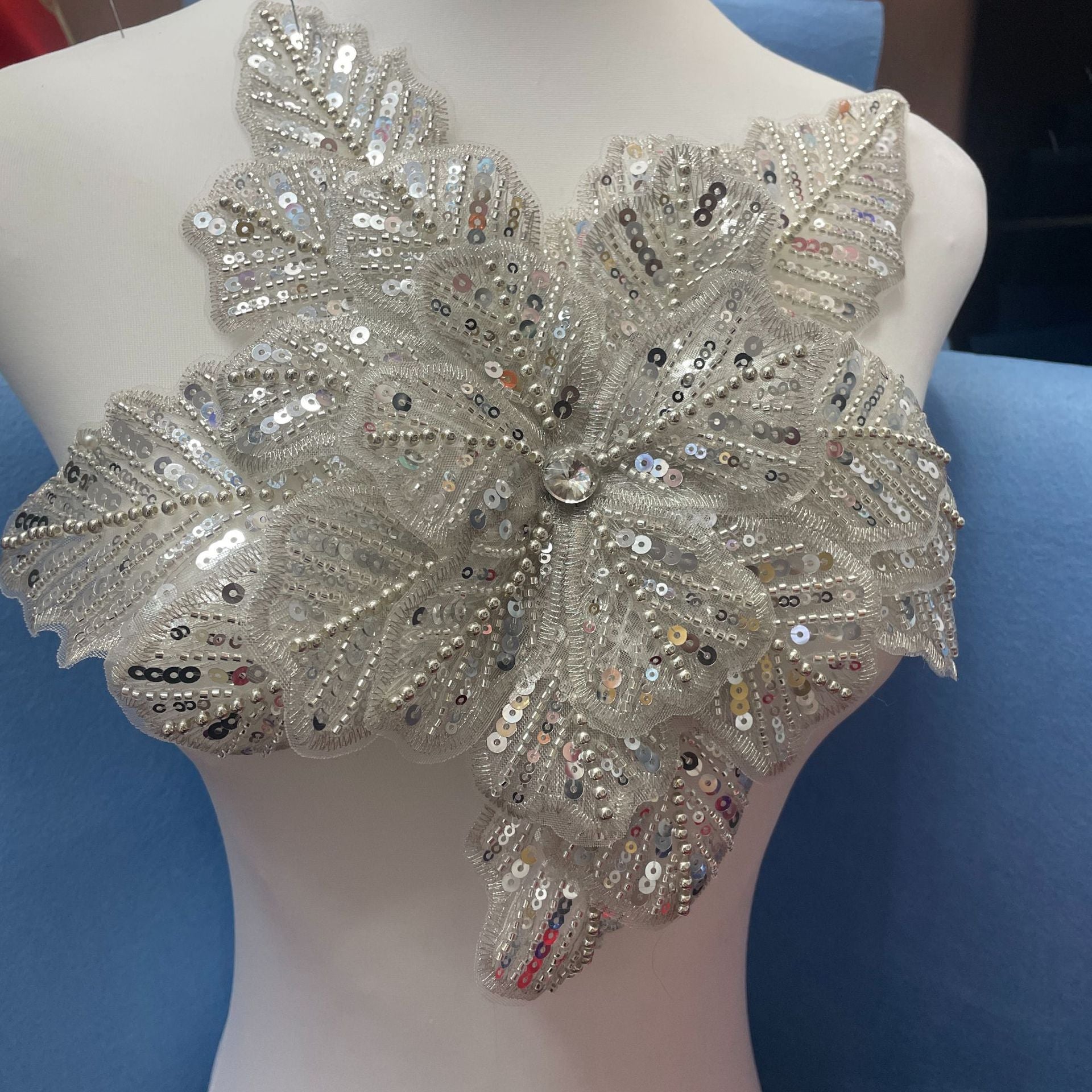 3D Extra-Large Snowflake Appliqué with 4-Layer Stiff Tulle, Fully Beaded & Sequined – Bold DIY Embellishment for Winter Wedding Dresses, Evening Gowns, Festival Costumes & Fashion Craft Projects