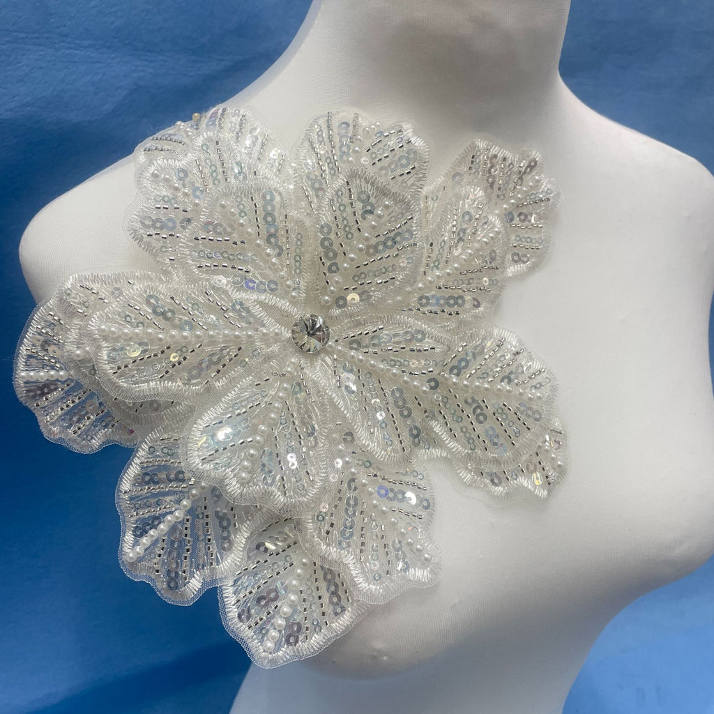 Large Floral Lace Appliqué Trim with Sequins & Beading – Embellished DIY Sew-On Embroidered Flower for Wedding Dresses, Evening Gowns & Bridal Fashion Accessories