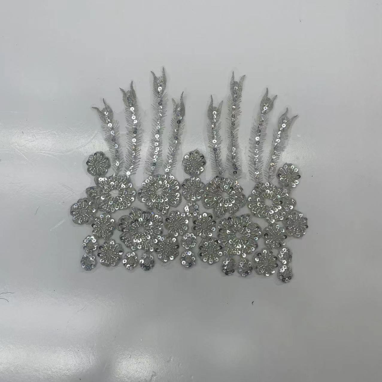 Handcrafted Beaded Rhinestone Sequin Applique Patch - White & Gold Round Neck Tulle Collar DIY Clothing Decor